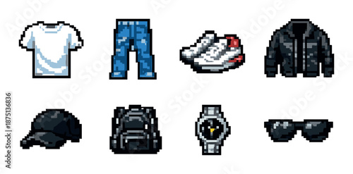 Pixel art fashion icons: casual clothing and accessories