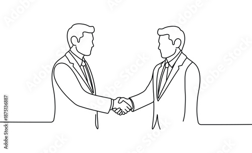 Two businessmen shaking hands professional attire full length view side profile continuous line drawing vector