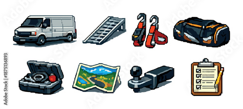 Collection of camping gear and accessories icons in pixel art style