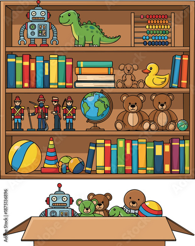 Children toys and books shelf vector illustration with teddy bears robot dinosaur globe and colorful educational playroom items