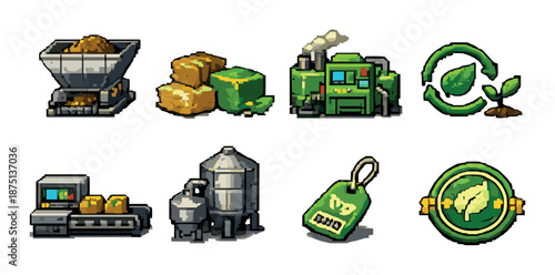 Pixel art icons of eco-friendly industrial processes and sustainability symbols
