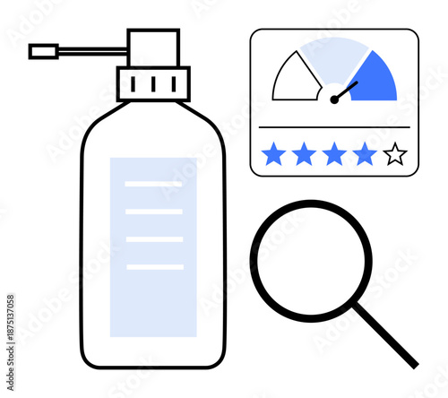 Product review concept. Product review visuals include a dispenser bottle, star-based rating system, and magnifying glass. Product review for analyzing quality assurance and feedback utilities