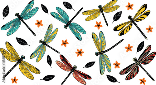 Colorful decorative dragonflies vector illustration set with floral elements leaves and symmetrical insect pattern design