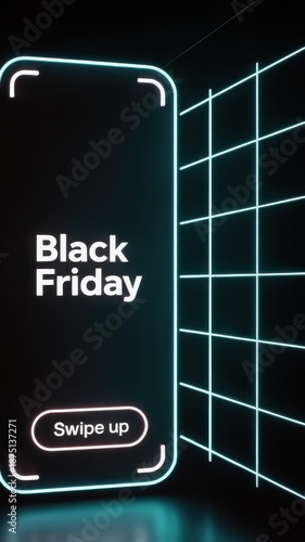 Vertical Smartphone Mockup — Neon Cyan Outline & Glowing Pink Swipe-Up CTA on Futuristic Neon Grid | Black Friday Mobile Ad