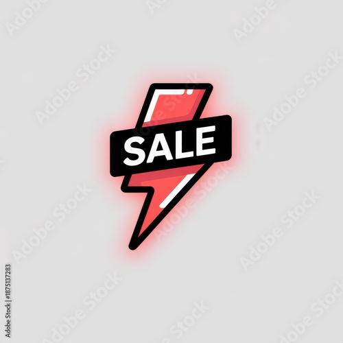 Flat minimalist vector flash sale badge — red lightning bolt, neon pink glow, black banner, centered copy space for Instagram/Facebook ad