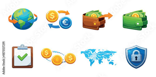 Colorful financial icons featuring globe, currency exchange, wallets, digital security, and checkmark