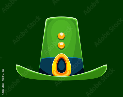 Saint Patricks day holiday leprechaun green hat with golden buckle. Spring celebration tophat, Saint Patrick holiday isolated cartoon vector green top hat. Ireland party costume accessory or element