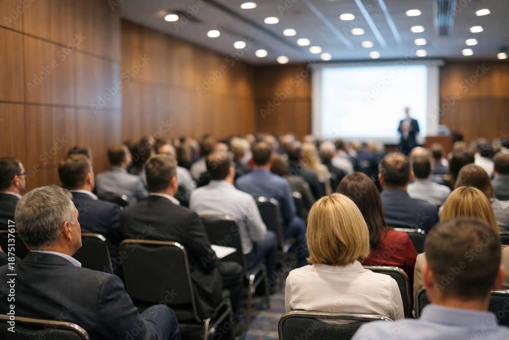 Obraz premium Rear view of a professional conference hall with a large audience attending a business presentation, visible presentation content on screen, modern corporate training or seminar environment.