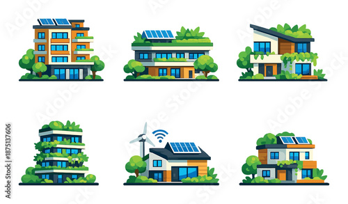 Eco-friendly modern homes with solar panels and green landscaping