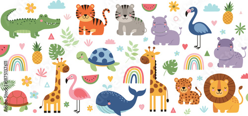 Cute cartoon animals vector set with jungle safari and ocean characters rainbows flowers and playful nursery elements