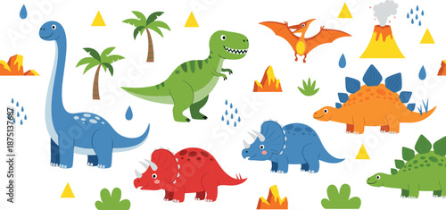 Cute cartoon dinosaurs vector set with tyrannosaurus triceratops stegosaurus pterodactyl volcanoes and prehistoric nature elements