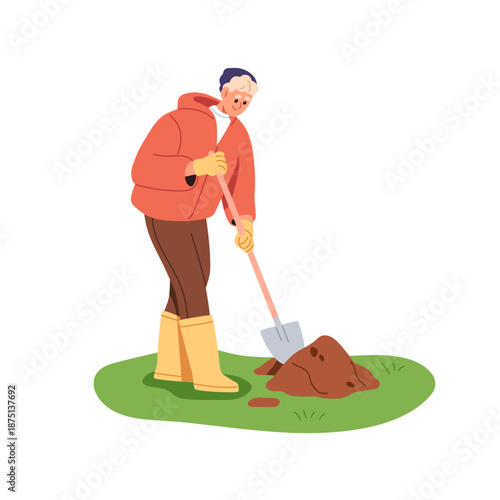 Man with spade outdoors, digging soil, ground for planting. Nature gardening activity. Gardener in park, seasonal outside work, environment care. Flat vector illustration isolated on white background