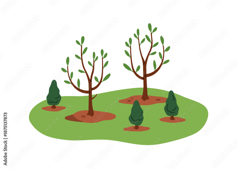 Obraz premium Tree saplings growth in park nature. Little young plants on green lawn, grass, spring environment. Reforestation concept. Outdoor landscape. Flat vector illustration isolated on white background