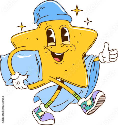 Cartoon retro groovy star vector character in sleep hat holding a pillow, walking with a smile, cosmic sparkles and vintage hippie sneakers. Vector twinkle star personage exudes night y2k bedtime vibe
