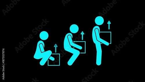 Cyan stick figure sequence demonstrating correct lifting technique for a box on black background pictogram