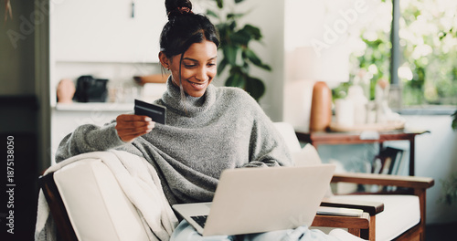 Photos Home, laptop and woman on sofa, credit card and digital app for online banking