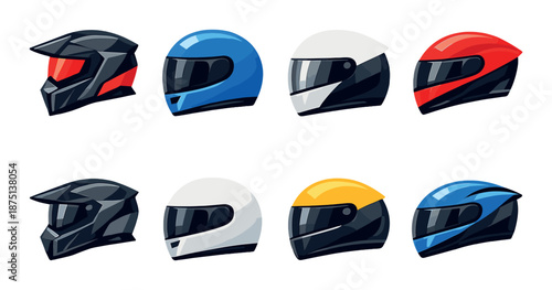 Variety of colorful motorcycle helmets featuring different designs