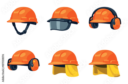 Collection of orange safety helmets with ear muffs and visors on dark background