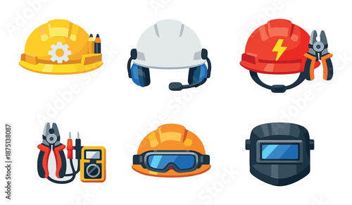 Colorful icons of safety equipment including helmets, ear protection, and welding mask