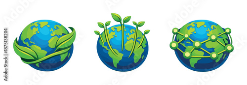 Eco-friendly earth symbols: nature, growth, and connectivity on a green gradient background