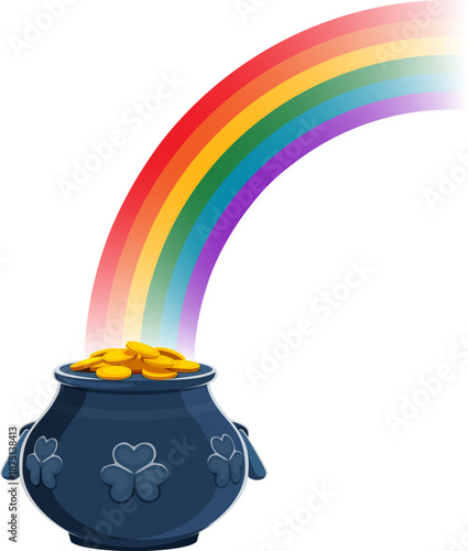 Cartoon pot of gold with rainbow arc and shamrock symbols. Vector happy St Patrick day treasure with golden coins and black cauldron. Irish folklore pot representing luck and magical holiday riches