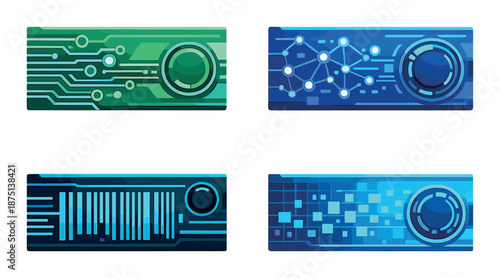 Colorful abstract tech banners with circuit and geometric patterns