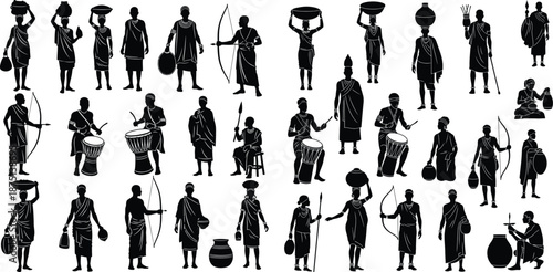Diverse collection of African people silhouettes showing traditional village life and cultural activities