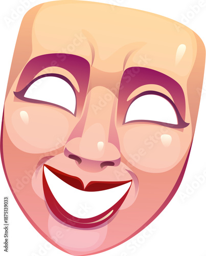 Cartoon theatrical comedy mask with a wide, exaggerated smile, arched eyebrows, and stylized facial features. Vector happy face, cinema and movie object, conveys joy, laughter, and dramatic expression