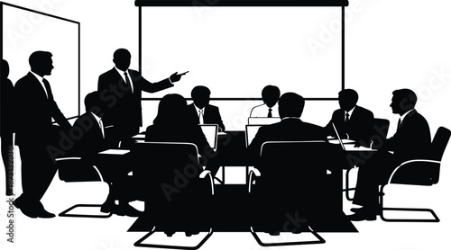 The image is a silhouette illustration depicting a business meeting.