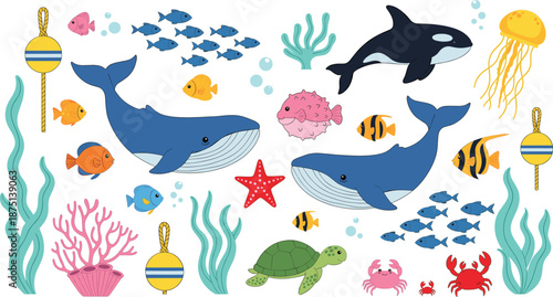 Cute ocean animals vector illustration set with whales fish turtle jellyfish coral and colorful underwater sea life