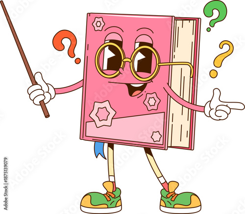 Cartoon retro groovy book character with teacher pointer stick and glasses. Vector cute pink textbook, notebook or diary educational tutor personage happily explain lesson, information or presentation