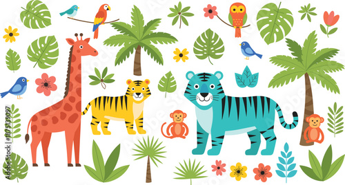 Cute tropical jungle animals vector illustration set with giraffe tiger monkeys birds palm trees leaves and colorful flowers