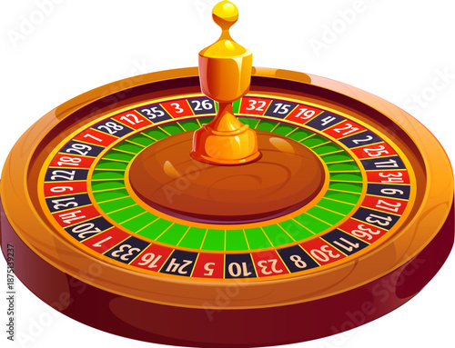 Cartoon casino game icon of roulette wheel with wooden rim, circular track, evenly spaced slots, central knob. Vector symbol of gambling games, chance, entertainment and dynamic gaming environment