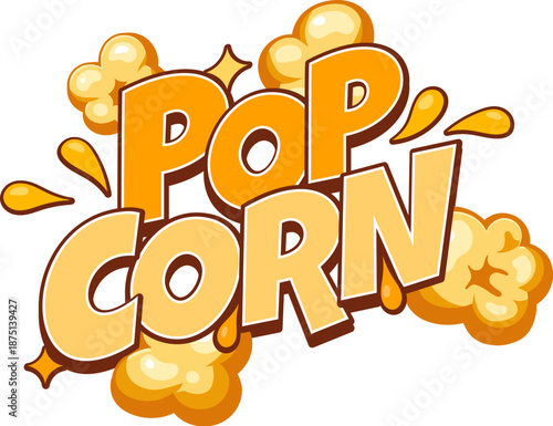 Party popcorn sweet sweetcorn icon or emblem. Movie salty dessert badge, cinema crunchy meal vector icon. Sweet sweetcorn cartoon label or emblem with flying popcorn kernels and colorful typography