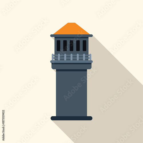 Security observation tower with windows and railing, casting a long shadow