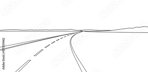 Empty long highway stretching toward distant mountains with a clear open horizon line art drawing