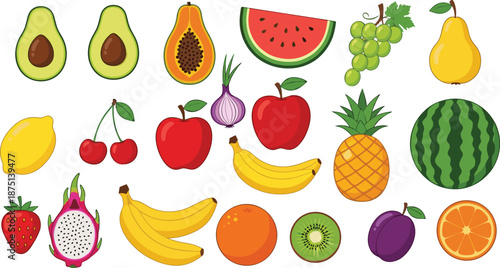 Fresh colorful fruits vector set with avocado watermelon banana apple pineapple citrus and tropical food illustration