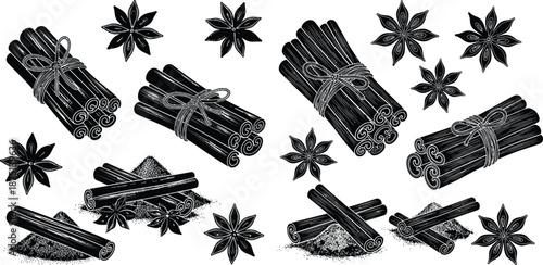 Hand drawn collection of cinnamon sticks and star anise pods for spice illustrations