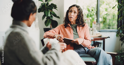 Tableau sur toile Women, therapist and talking in office, evaluation or feedback for life coaching session