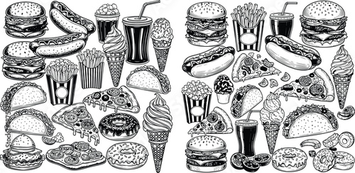 Hand drawn collection of diverse junk food snacks and meals in a detailed line art style