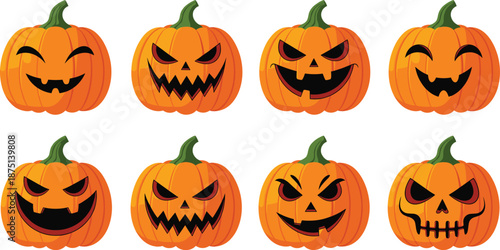 Halloween carved pumpkin faces vector set with scary funny jack o lantern expressions for spooky autumn decoration