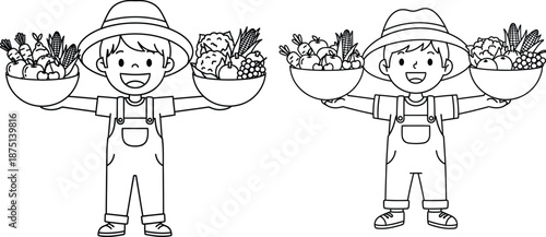 Happy young farmer boy holding bowls full of fresh fruits and vegetables harvest produce