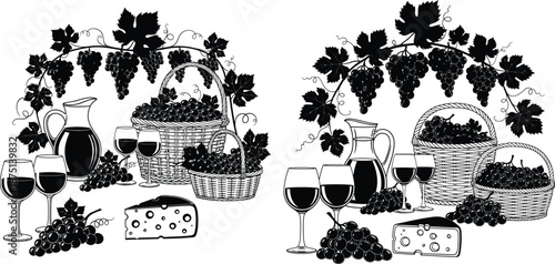 Harvest scene with lush grapevines, filled wine glasses, cheese wedge, and baskets of fresh grapes