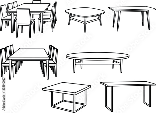 Line art furniture collection showcasing various modern tables and dining sets for interior design concepts