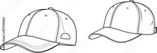 Minimalist outline illustration of classic baseball caps from two distinct angles, showcasing design details