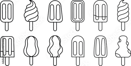 Minimalist outline icon set featuring various popsicle and soft serve ice cream treats on sticks