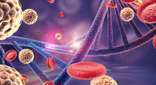 Cuadro en lienzo Microscopic view of a virus attacking a DNA strand amidst human blood cells