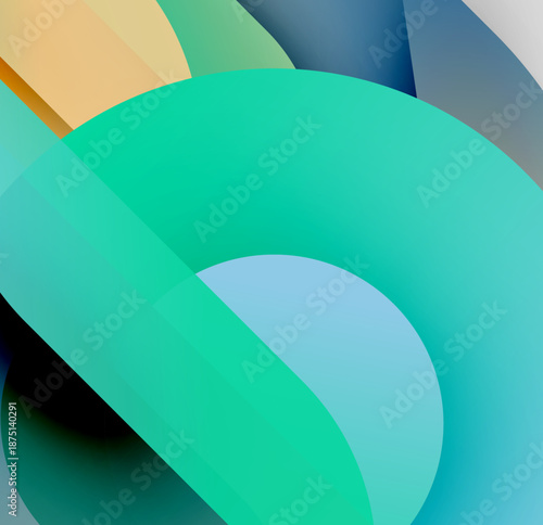 Abstract shapes overlap, creating vibrant color blends. Turquoise, yellow, blue hues dominate composition. Smooth gradients define forms.