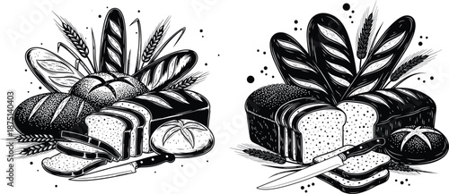 Rustic bakery illustration featuring diverse bread loaves, baguettes, and wheat ears with knife