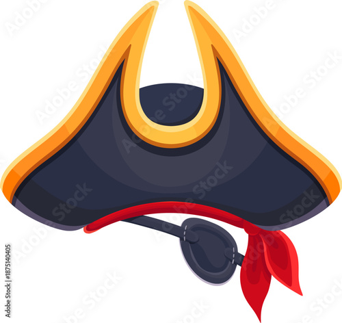 Cartoon pirate tricorn cocked hat with an eye patch. Vector filibuster, piracy costume, cap with golden edges and curve brim for pirate or Halloween party. Kids props for the photo booth or fun game